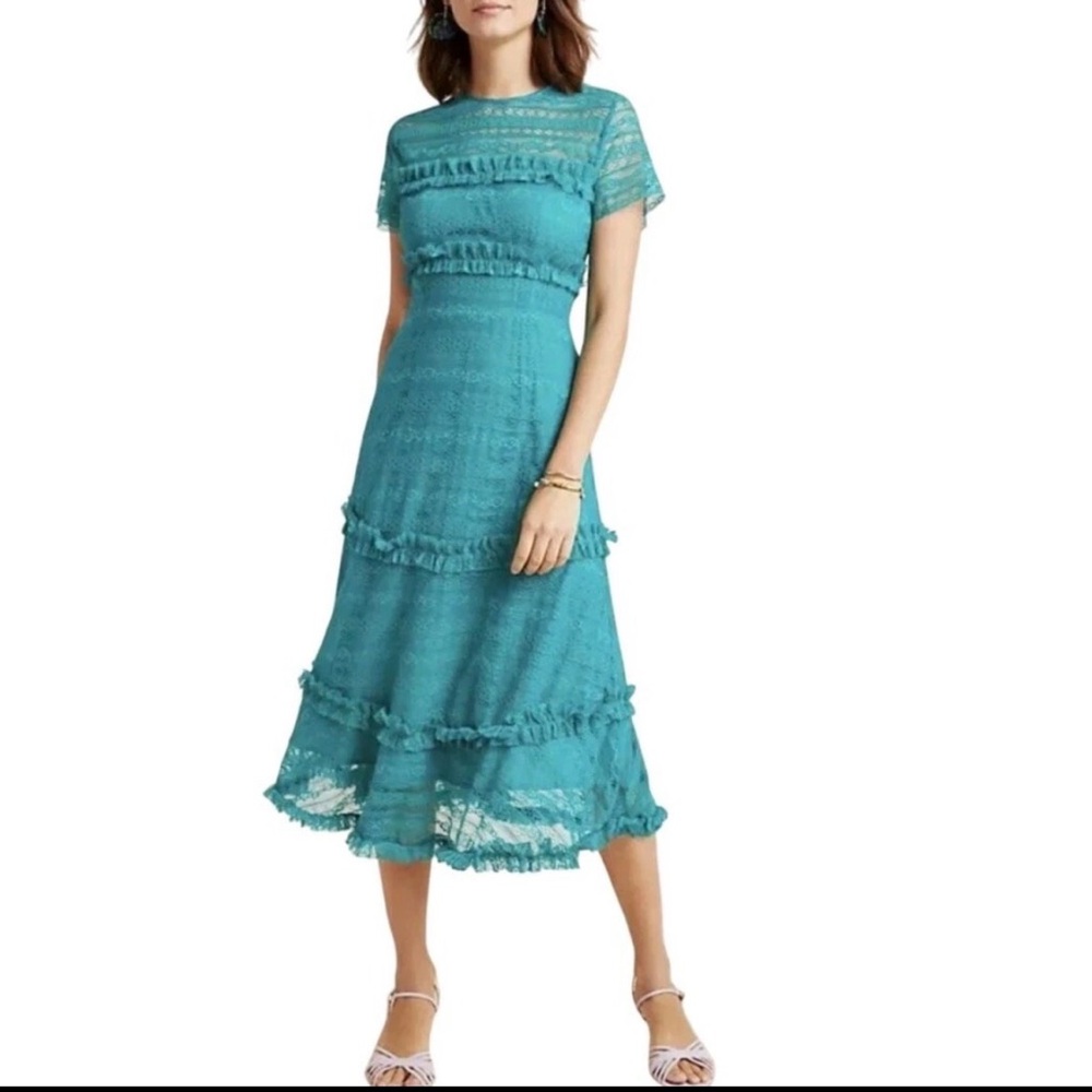 Anthropologie Teal Vone Dashing Lace Ruffle Midi Dress Summer Feminine Size 10